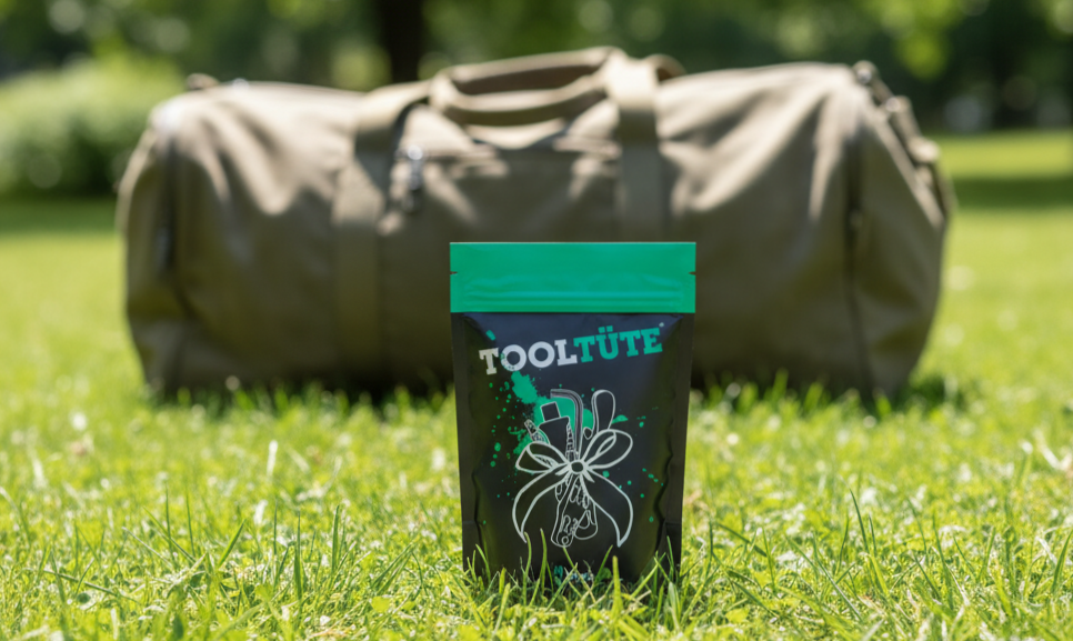 Grün-schwarze TOOLTÜTE Werkzeugverpackung liegt auf Gras vor einer beigen Camping-Reisetasche