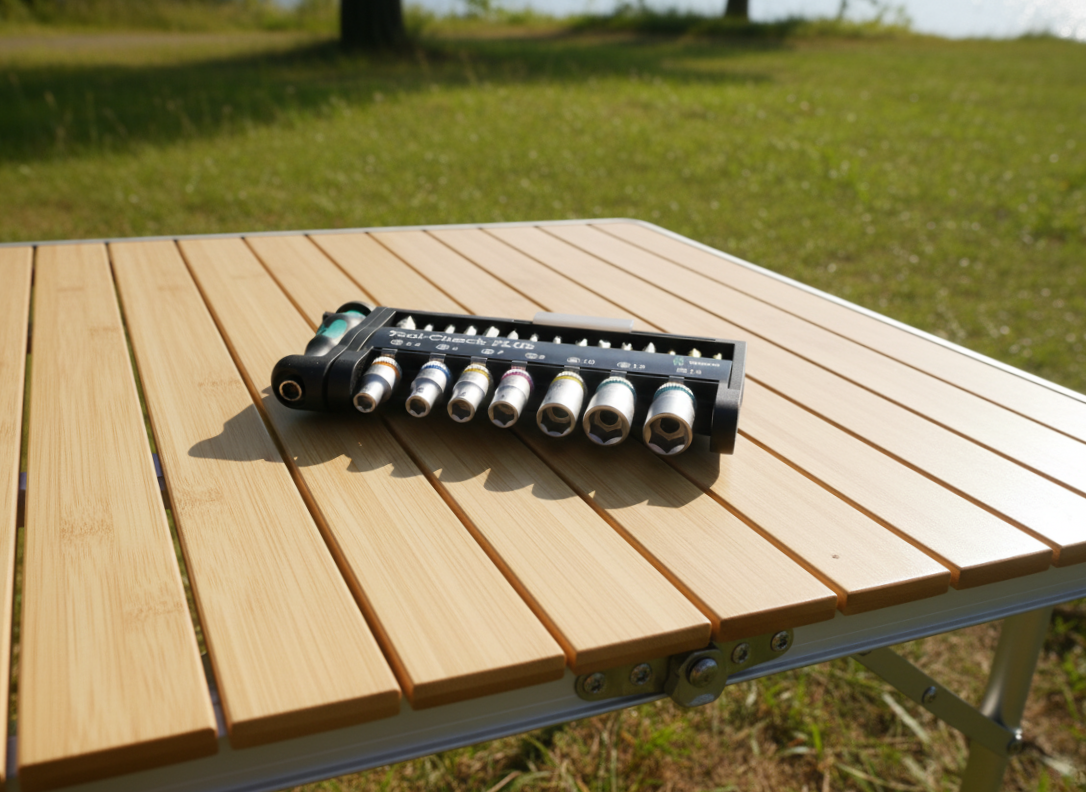 WERA Tool-Check Plus Werkzeugset aufgeklappt auf Holz-Campingtisch mit sichtbaren Bits und Nüssen in schwarzer Kassette