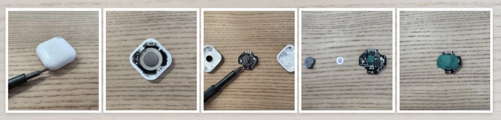 Eine Schritt-für-Schritt-Bilderserie, die zeigt, wie man das Gehäuse eines weißen KiK Smart Tags mit einem feinen Schraubenzieher öffnet, den Lautsprecher von der Platine entfernt und diese mit Isolierband abklebt, um den Tracker für den Camper-Diebstahlschutz stumm zu schalten.