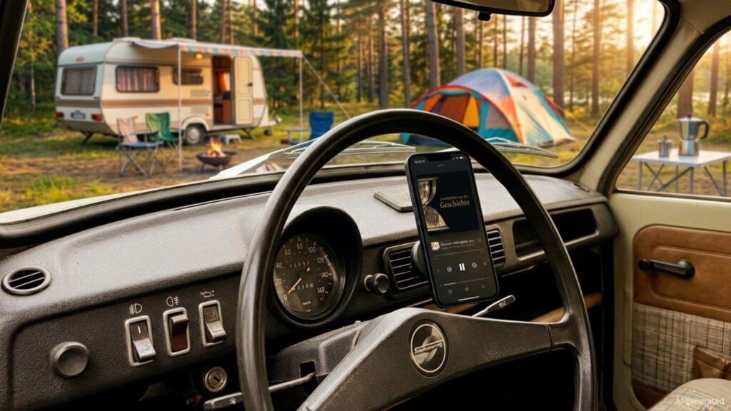 Der Innenraum eines Trabants (DDR-Fahrzeug). Durch die Frontscheibe sieht man einen Campingplatz, neben dem Lenkrad ist ein Handy befestigt, dass den Podcast Geschichten aus der Geschichte abspielt.