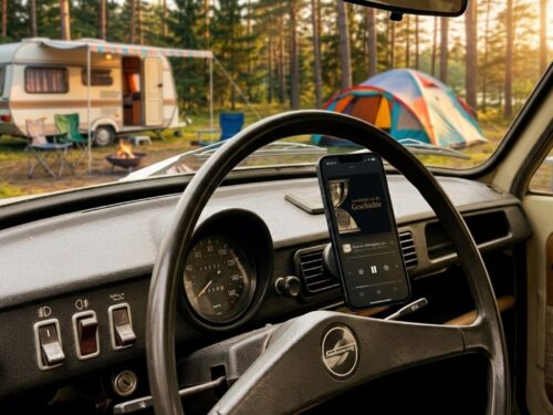 Der Innenraum eines Trabants (DDR-Fahrzeug). Durch die Frontscheibe sieht man einen Campingplatz, neben dem Lenkrad ist ein Handy befestigt, dass den Podcast Geschichten aus der Geschichte abspielt.