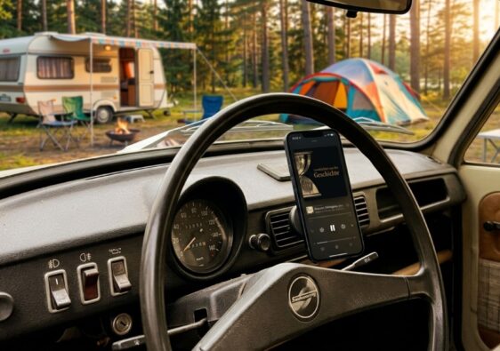 Der Innenraum eines Trabants (DDR-Fahrzeug). Durch die Frontscheibe sieht man einen Campingplatz, neben dem Lenkrad ist ein Handy befestigt, dass den Podcast Geschichten aus der Geschichte abspielt.