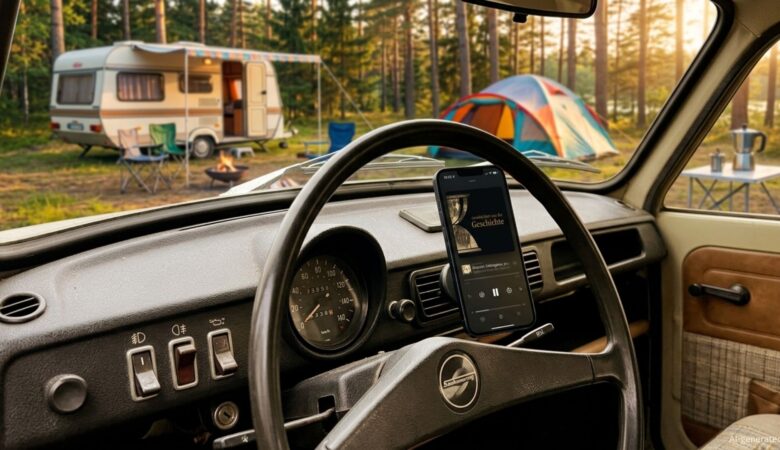 Der Innenraum eines Trabants (DDR-Fahrzeug). Durch die Frontscheibe sieht man einen Campingplatz, neben dem Lenkrad ist ein Handy befestigt, dass den Podcast Geschichten aus der Geschichte abspielt.